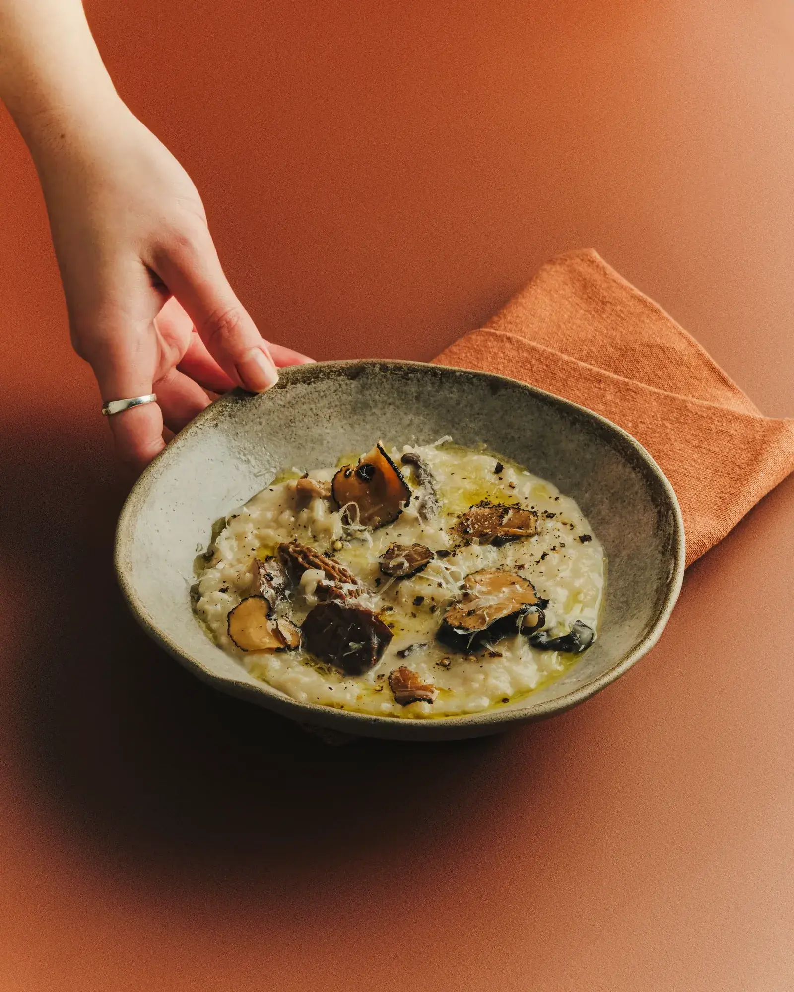A mushroom risotto served against terracotta