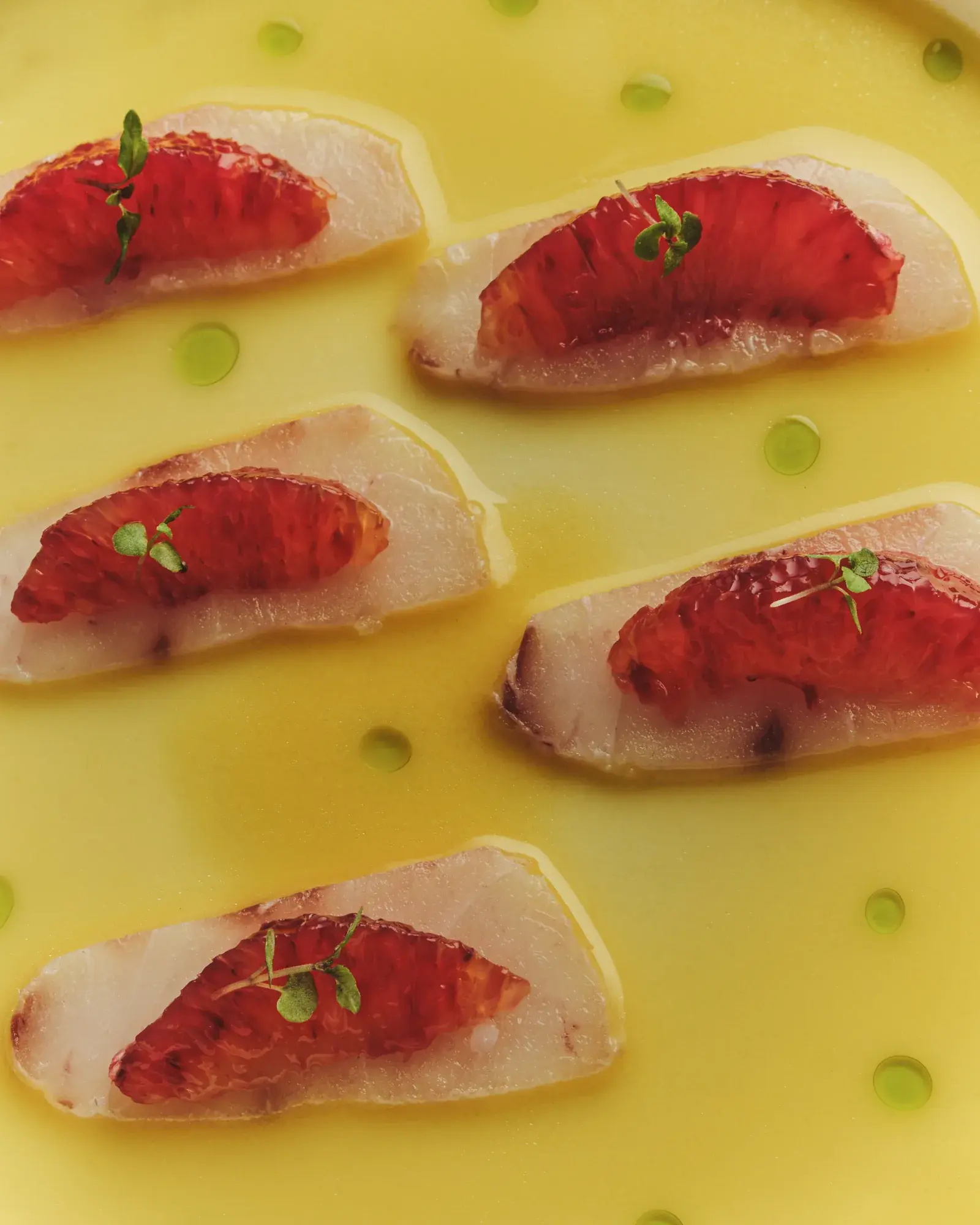 Raw fish slices with blood orange in a golden sauce