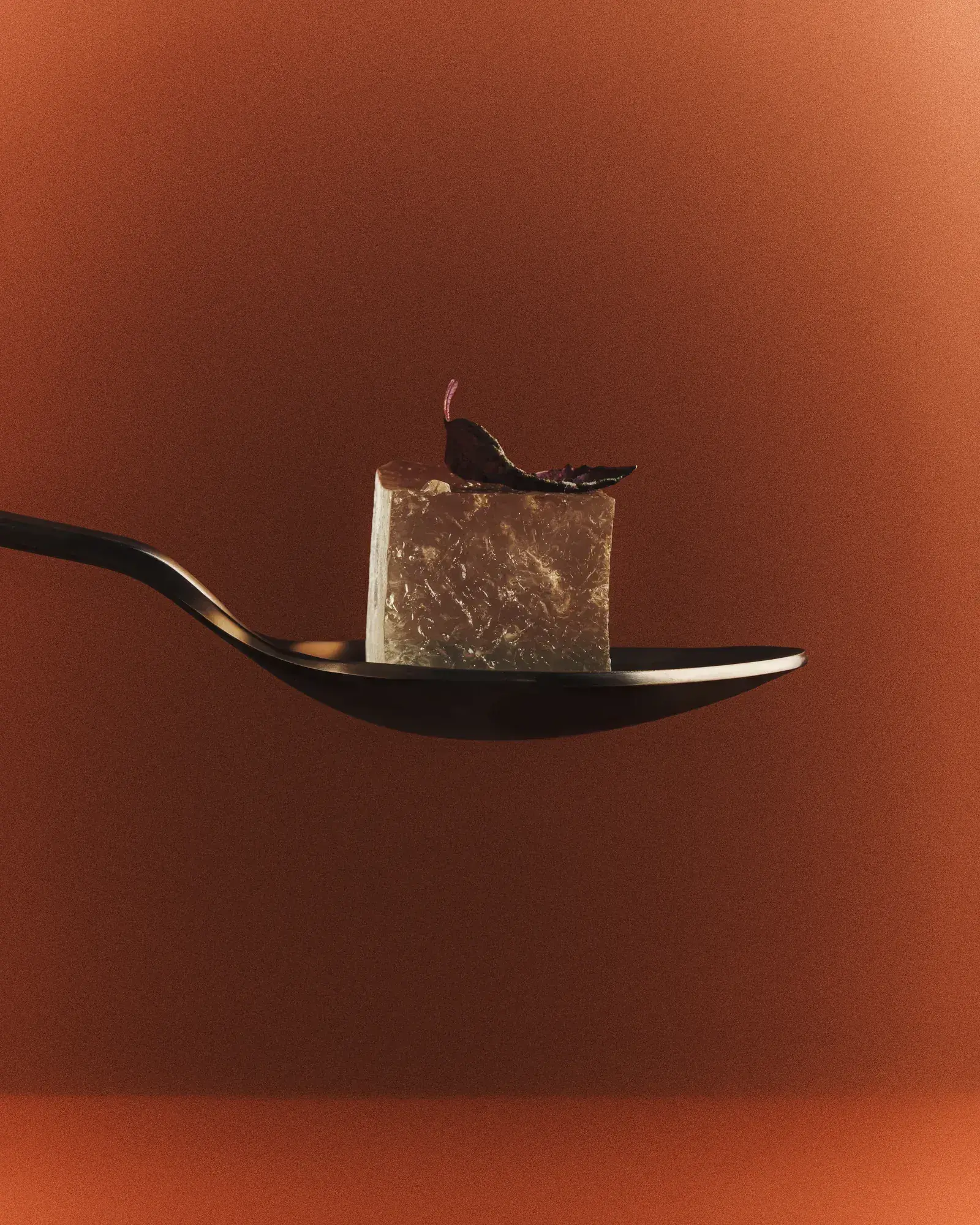 A clear gelée with a leaf on a spoon