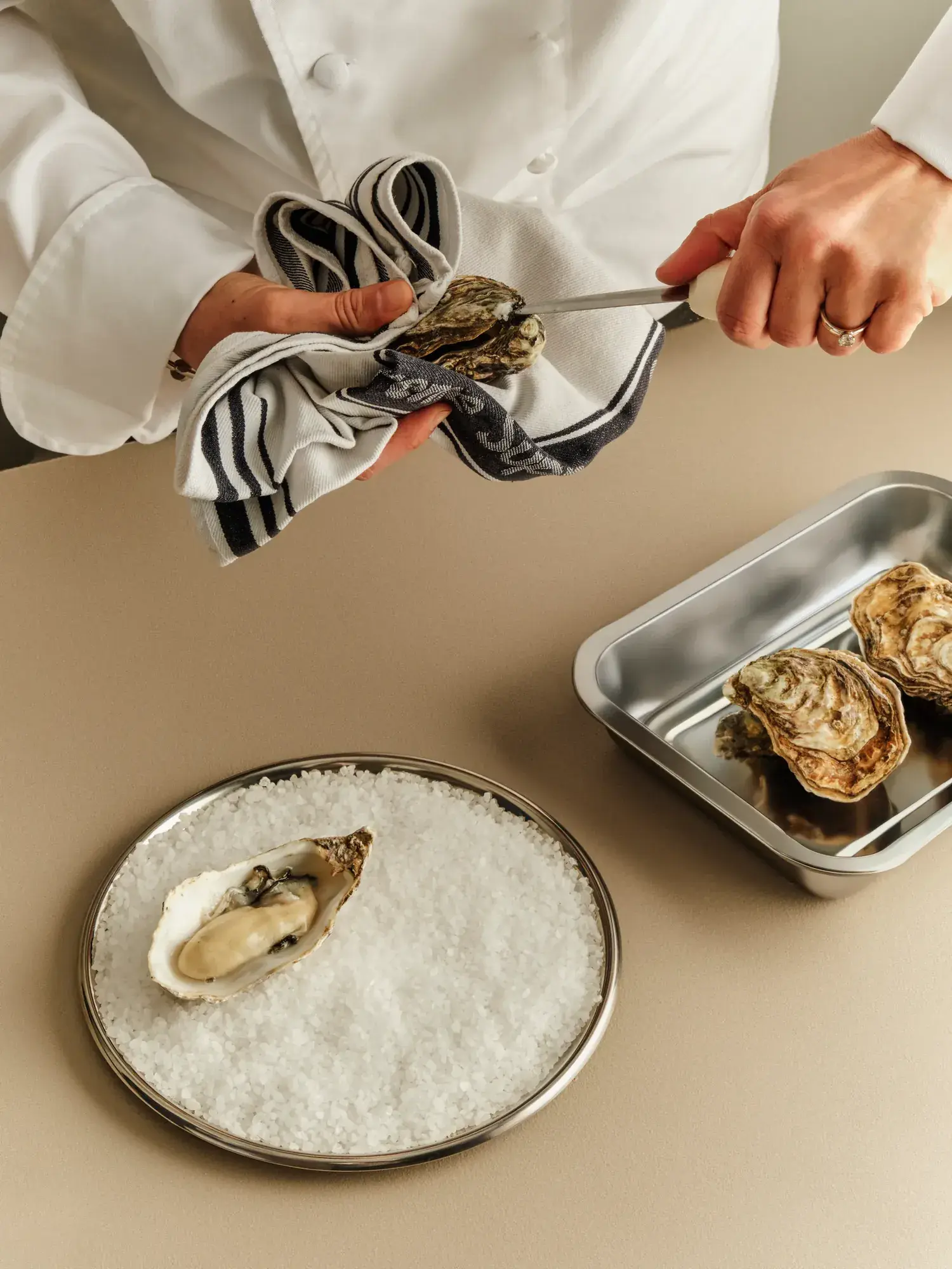 Preparing oysters in the kitchen