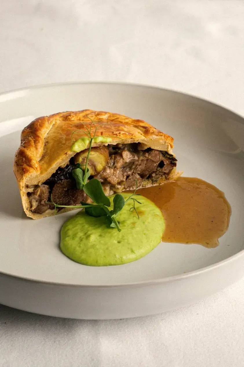 Beef pie served with pea cream and jus