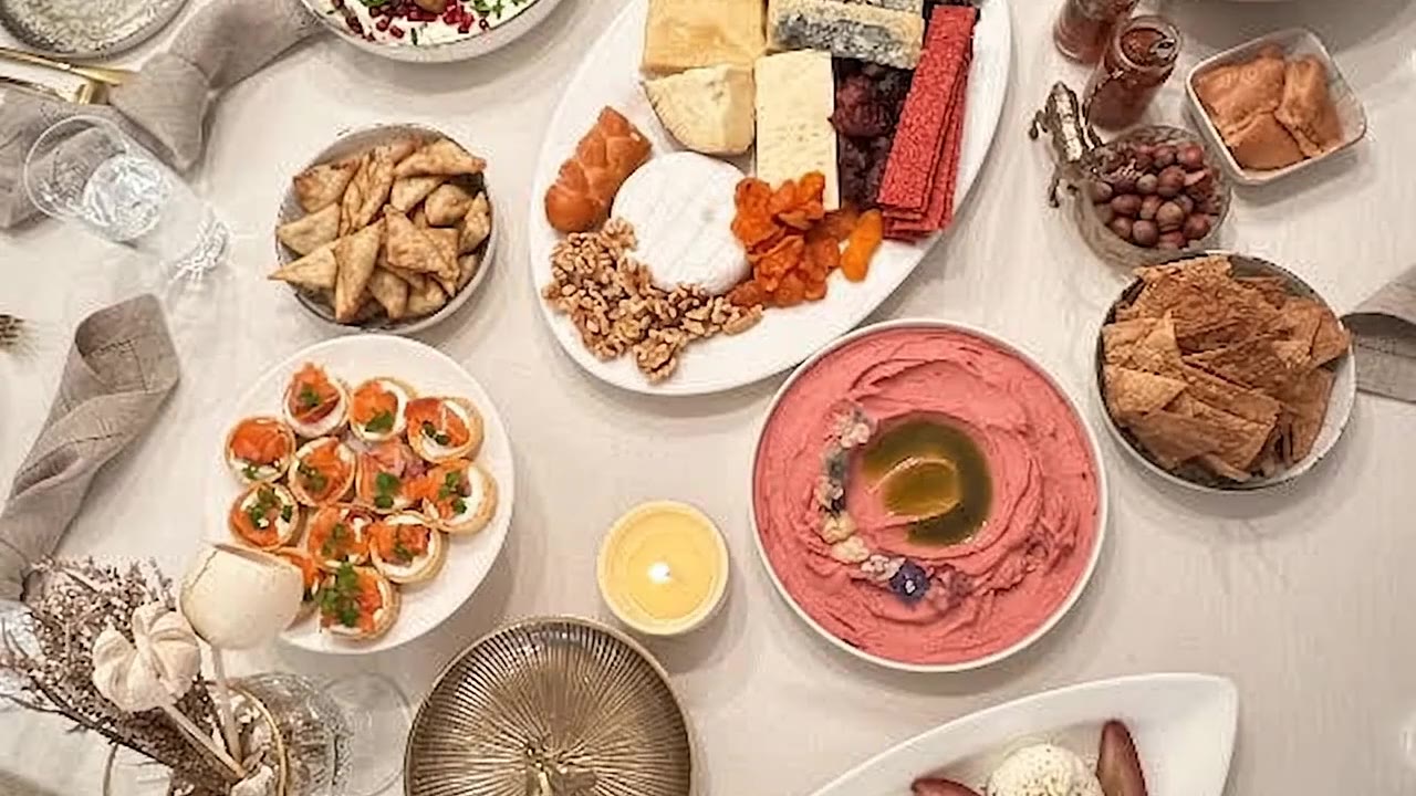 An evening table of mezze seen from above